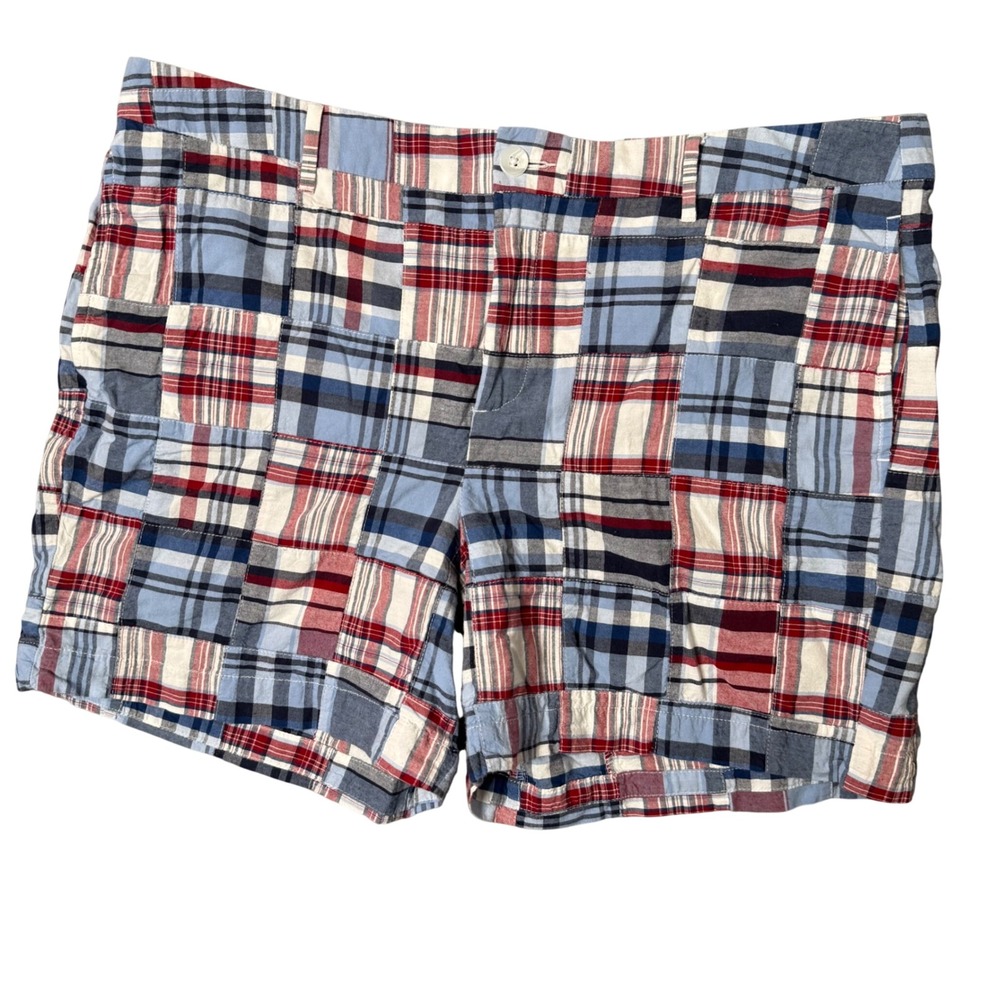 Women's Red White Blue Madras Patchwork Plaid Shorts Size 18 Preppy Americana